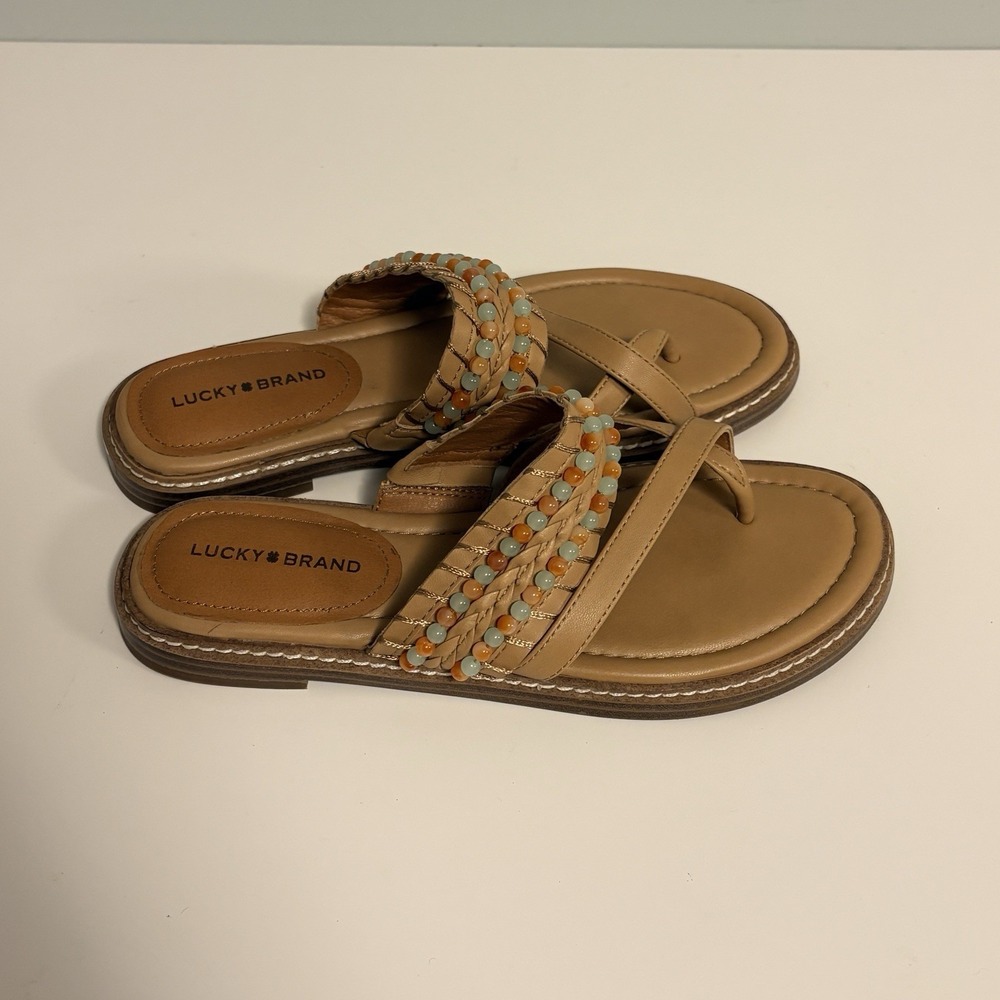 Lucky Brand Kekay Tan Beaded Braided Boho Slide Sandals Womens‎ 6.5